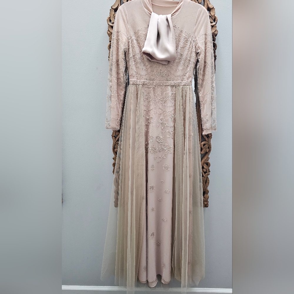BCBGMaxAzria Blush Long Sleeve Maxi Evening Gown/ Evening Dress